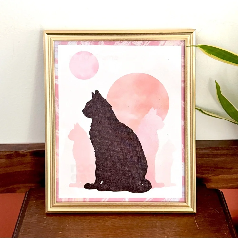Black Cat Under a Pink Moon Canvas Art Print Gold Framed Wall Hang Art Celestial